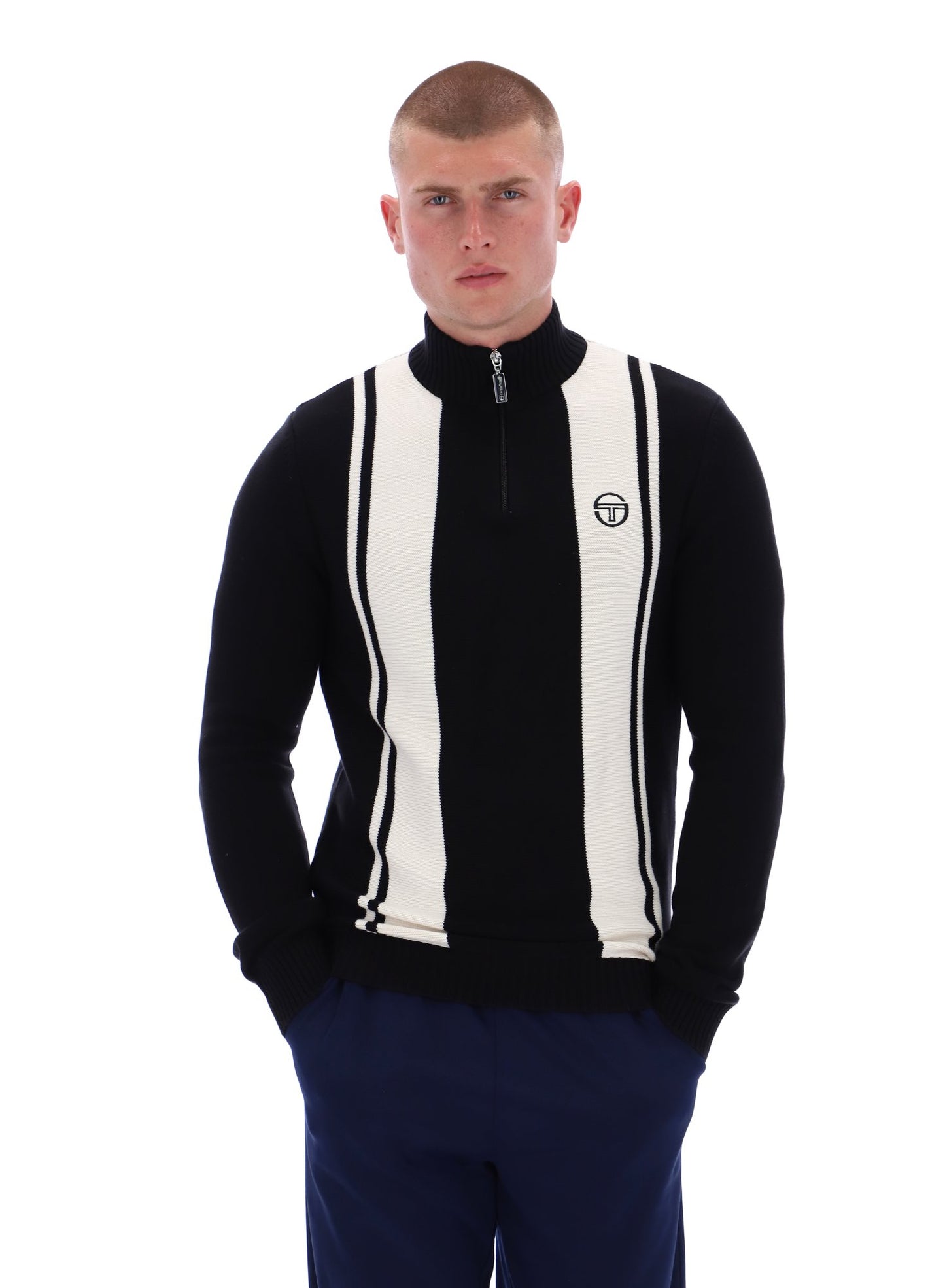 Sergio Tacchini Men's Young Line 1/4 Zip Knit Jumper Gardenia / Maritime Blue