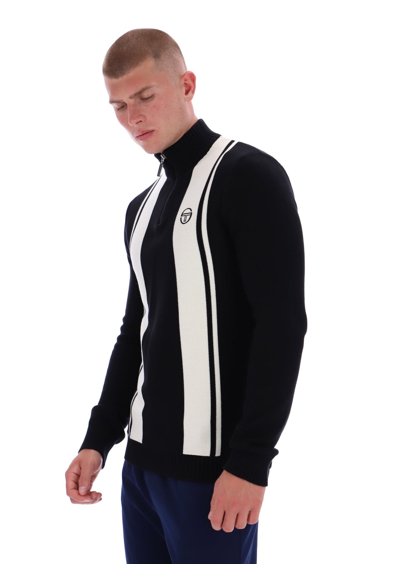 Sergio Tacchini Men's Young Line 1/4 Zip Knit Jumper Gardenia / Maritime Blue