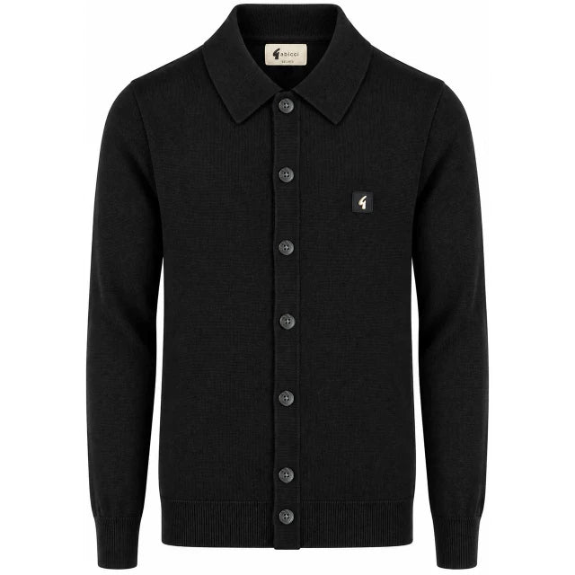 Gabicci Vintage V55GK16 Azima Long Sleeve Plain Knitted Button-Thru Polo - Black