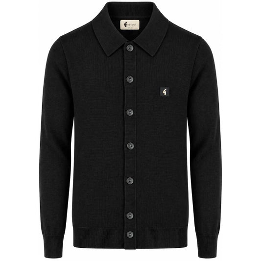 Gabicci Vintage V55GK16 Azima Long Sleeve Plain Knitted Button-Thru Polo - Black