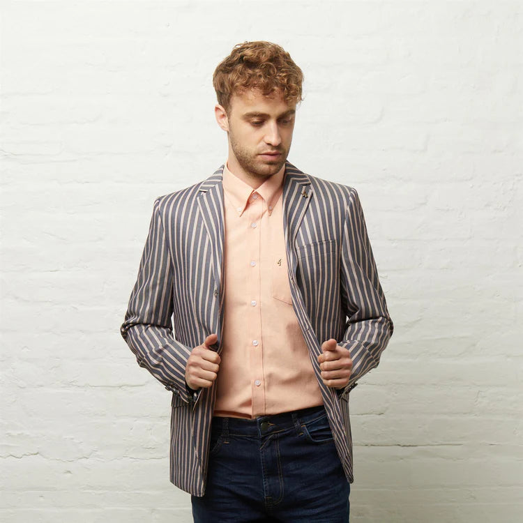 Gabicci Vintage Men's V54GJ04 Henley Stripe Blazer Navy Blue