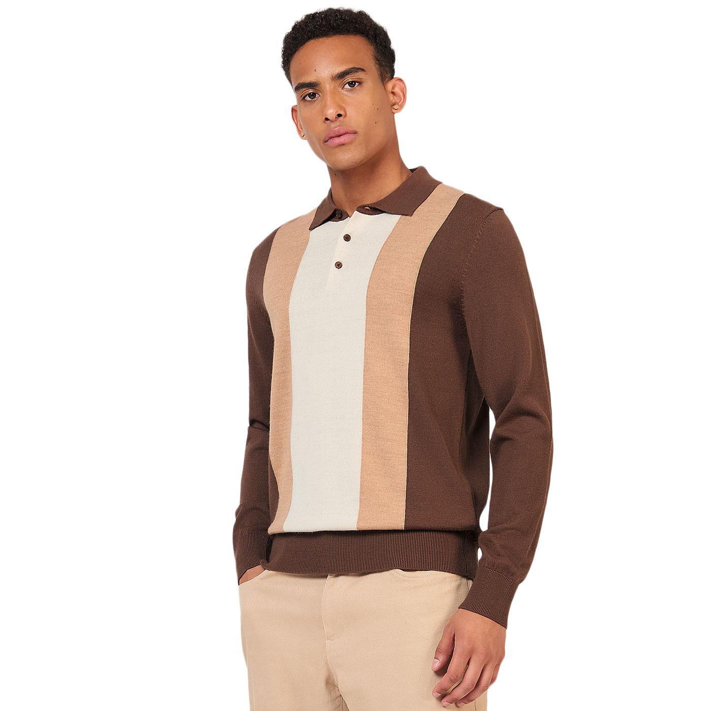 Ben Sherman Men's 0073994 LS Block Stripe Merino Polo Shirt Chocolate