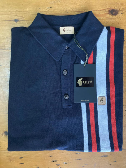 Gabicci Vintage Men's V52GM03 Soda SS Racing Stripe Polo Shirt Navy Blue