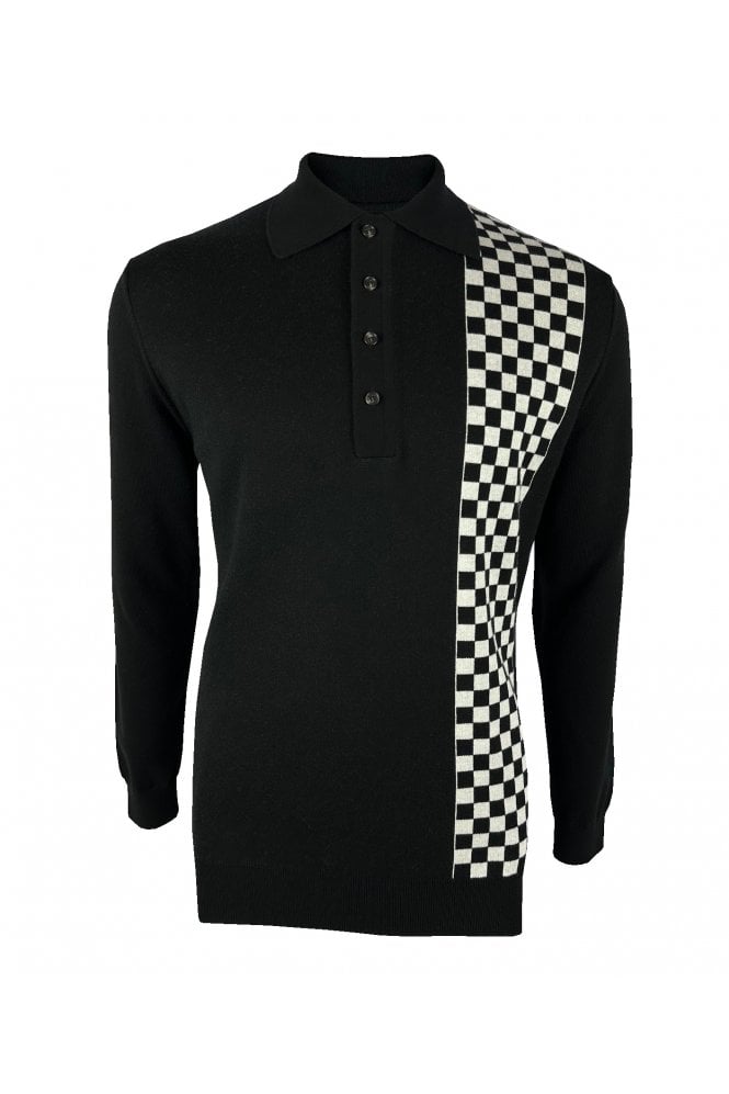 Ska & Soul Men's SS2558 'Weller' Chequerboard Fine Gauge Polo Shirt Black