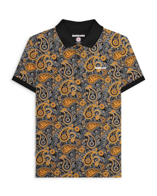 Lambretta Men's SS0031 Paisley Brand Polo Shirt Black Gold