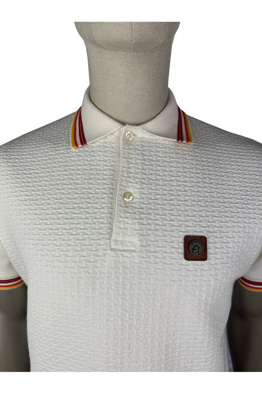 Trojan Records Men's TR9032 Basket Knit Plain Panel Polo Shirt Ecru