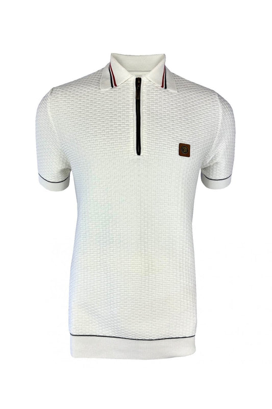 Trojan Records Men's TR8916 SS Basket Weave Plain Zip Polo Shirt Ecru