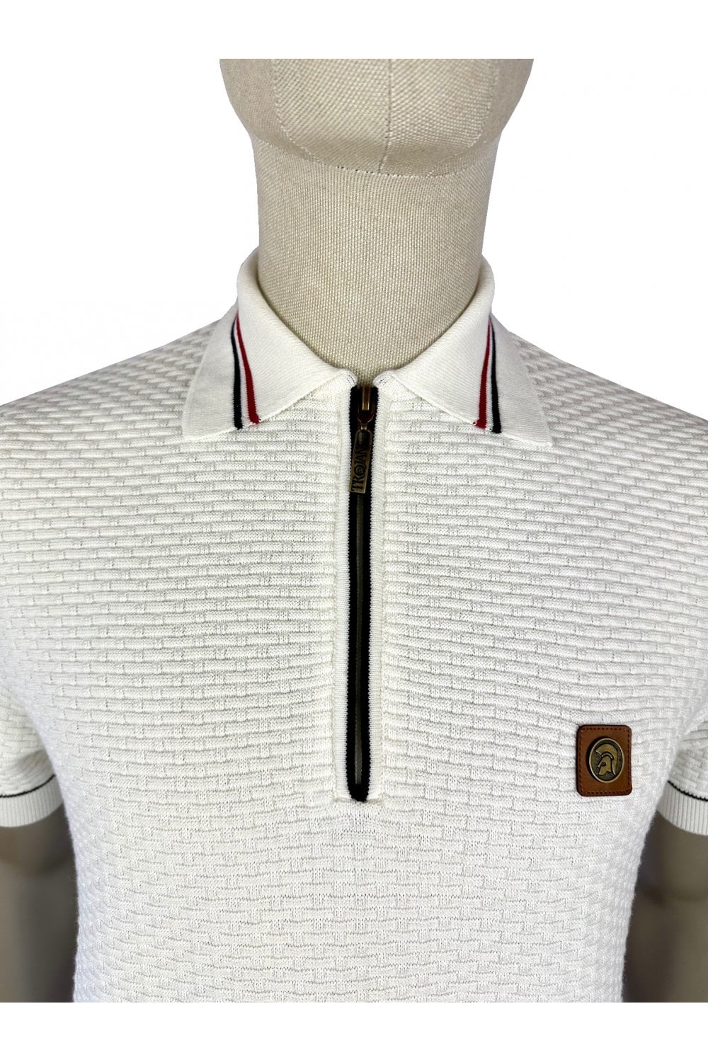 Trojan Records Men's TR8916 SS Basket Weave Plain Zip Polo Shirt Ecru