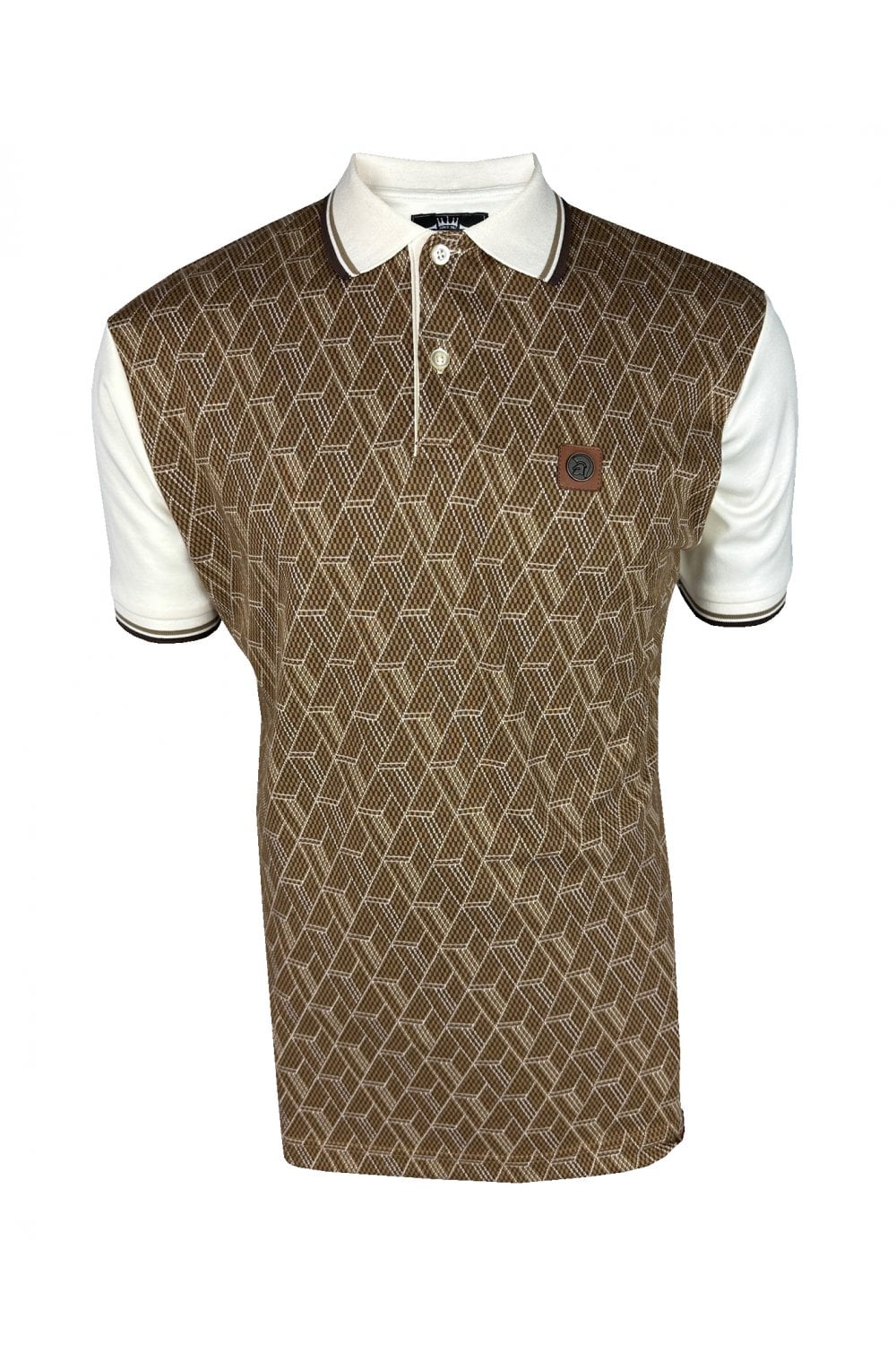 Trojan Records Men's TR8974 Chequerboard Diamond Jacquard Panel Polo Shirt Ecru