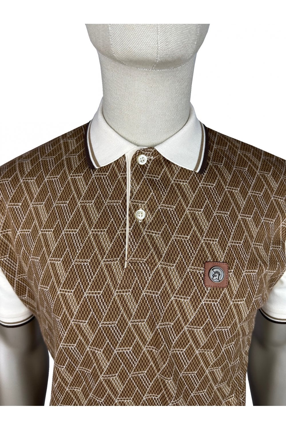 Trojan Records Men's TR8974 Chequerboard Diamond Jacquard Panel Polo Shirt Ecru