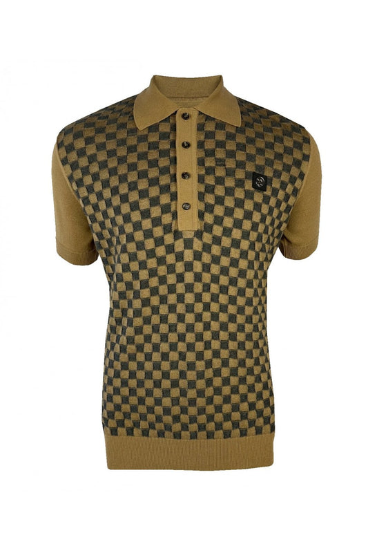 Trojan Records Men's TR8911 SS Chequerboard Panel Polo Shirt Camel