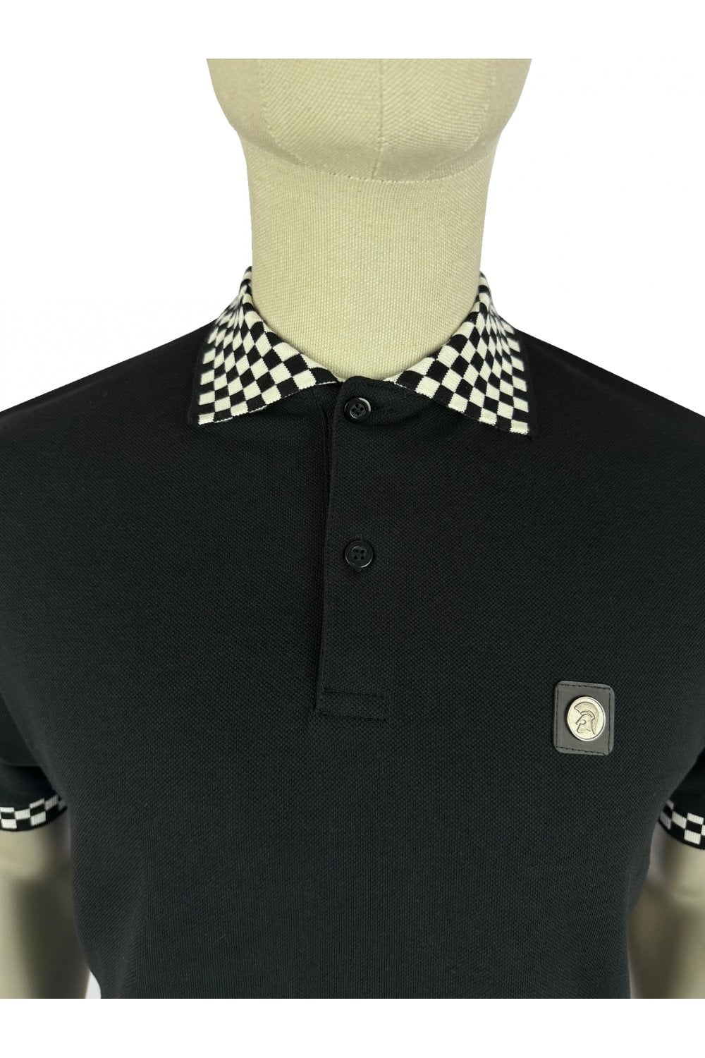 Trojan Records Men's TR8988 Chequerboard Trim Pique Polo Shirt Black