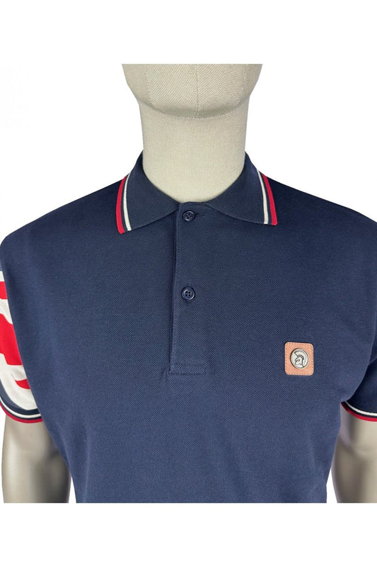 Trojan Records Men's TR9022 Flag Sleeve Pique Polo Shirt Navy