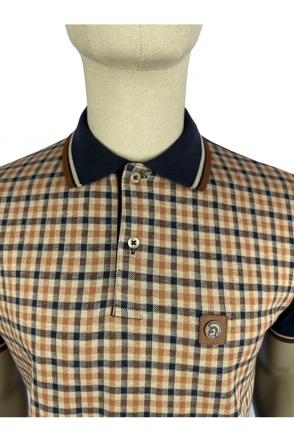 Trojan Records Men's TR8822 SS Gingham Check Panel Polo Shirt Navy Blue