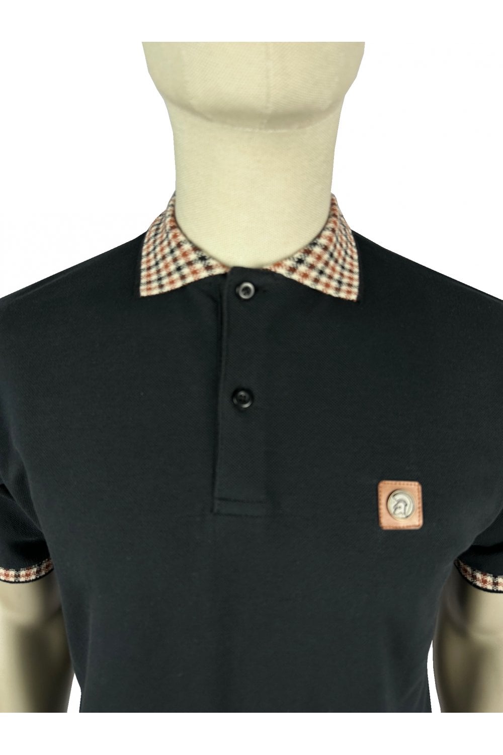 Trojan Records Men's TR8865 SS Gingham Check Trim Pique Polo Shirt Black