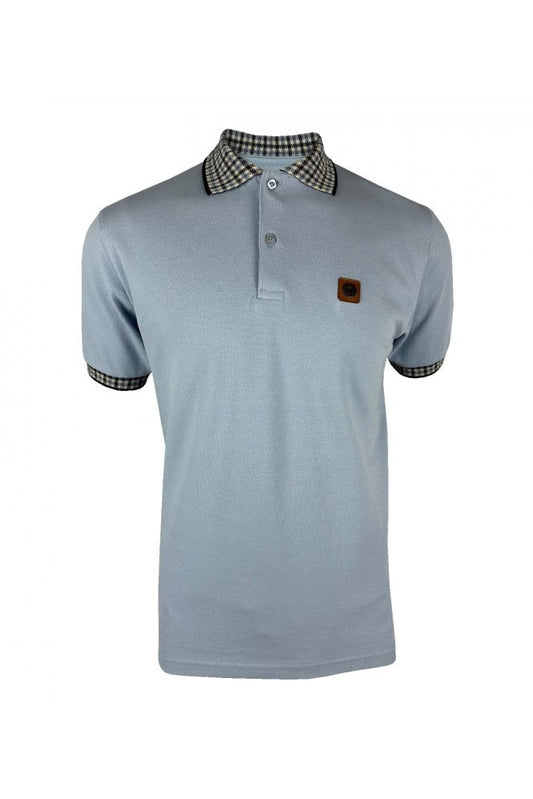 Trojan Records Men's TR8865 SS Gingham Check Trim Pique Polo Shirt Sky Blue