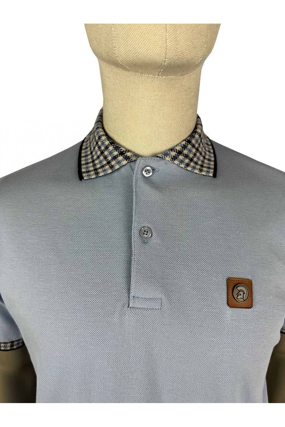 Trojan Records Men's TR8865 SS Gingham Check Trim Pique Polo Shirt Sky Blue