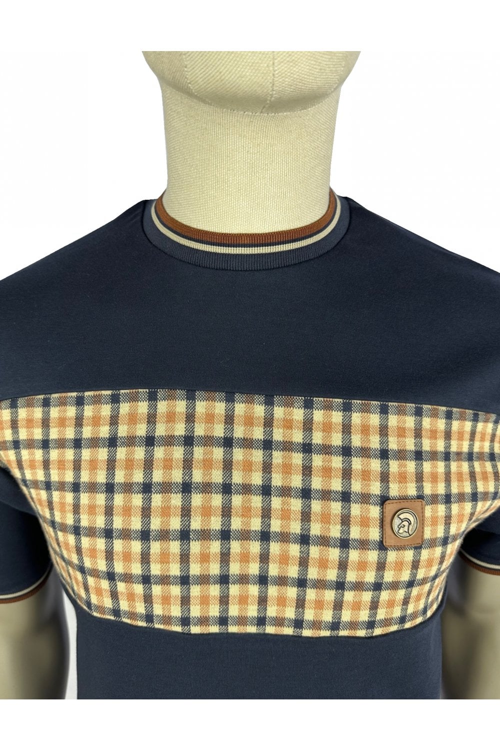 Trojan Records Men's TR8831 Gingham Panel Tee Shirt Navy Blue