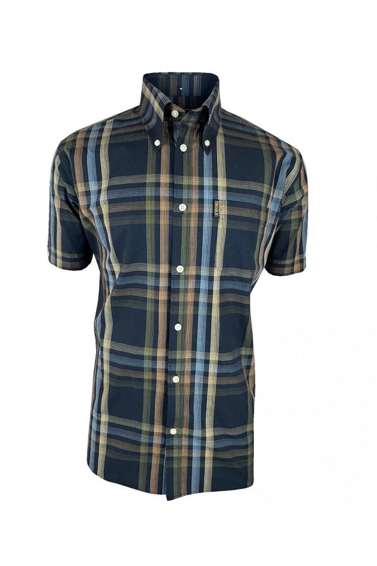 Trojan Records Men's TC1044 SS Graphic Check Shirt Navy Blue