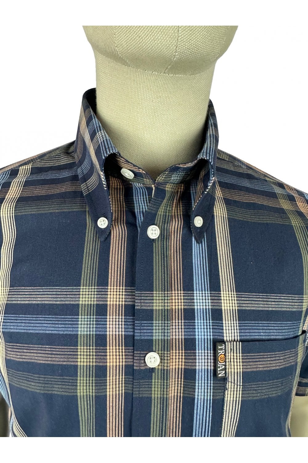 Trojan Records Men's TC1044 SS Graphic Check Shirt Navy Blue