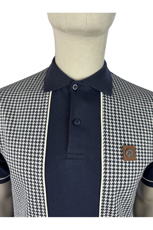 Trojan Records TR9118 Houndstooth Panel Polo Shirt Navy Blue