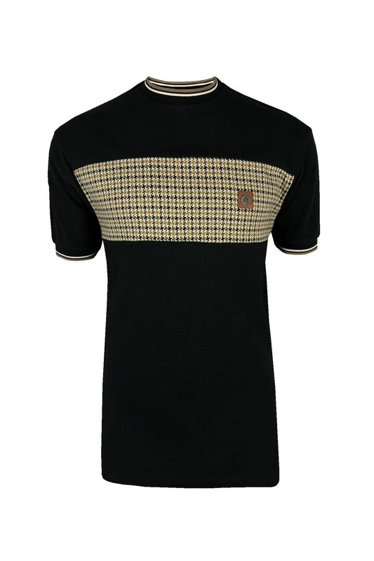 Trojan Records Men's TR8879 SS Houndstooth Panel T Shirt Black