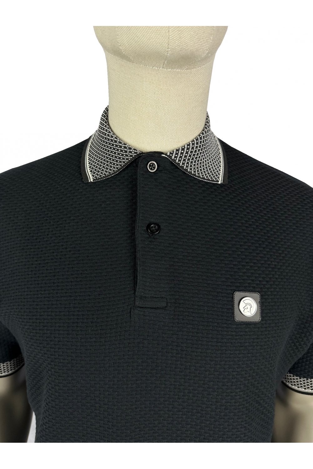 Trojan Records Men's TR8983 Jacquard Collar Textured Polo Shirt Black