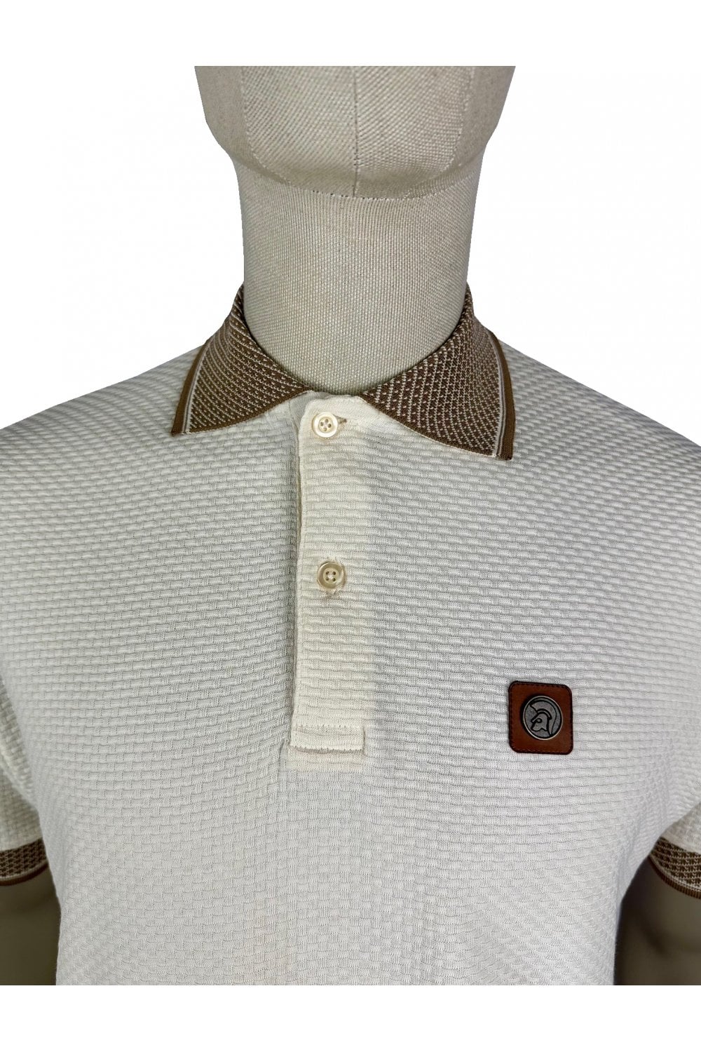 Trojan Records Men's TR8983 Jacquard Collar Textured Polo Shirt Ecru