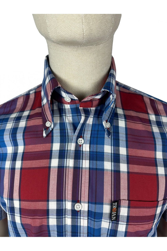 Trojan Records Men's TC1047 SS Multi-Check Shirt Cobalt Blue