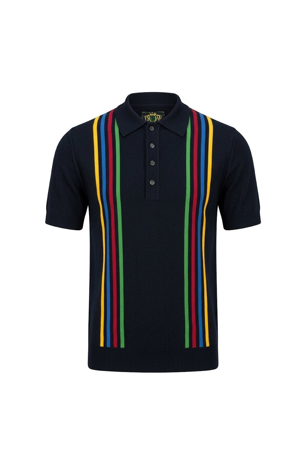 Trojan Records Men's TR9062 Multi-Stripe Fine Gauge Polo Shirt Navy Blue