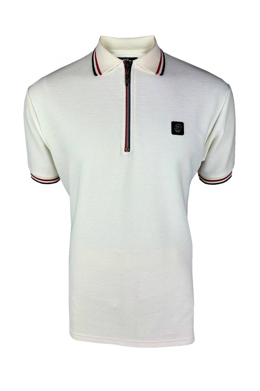 Trojan Records Men's TR9023 Ottoman Rib Zip Polo Shirt Ecru