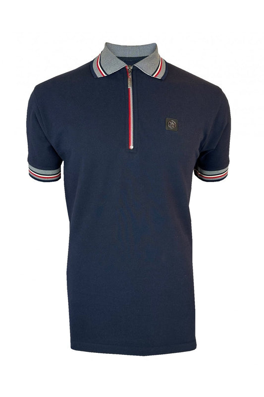 Trojan Records Men's TR9068 Oxford Collar Zip Pique Polo Shirt Navy Blue