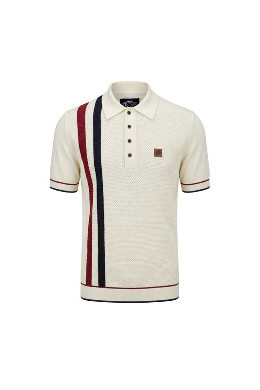 Trojan Records Men's TR9063 Racing Stripe Fine Gauge Polo Shirt Ecru