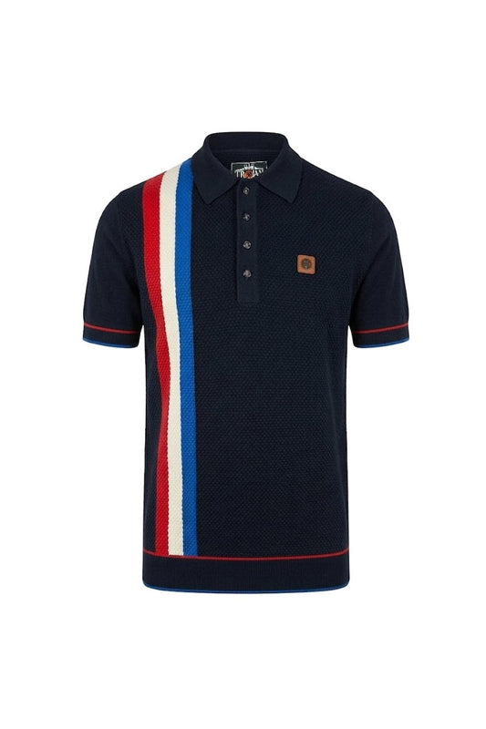 Trojan Records Men's TR9063 Racing Stripe Fine Gauge Polo Shirt Navy Blue