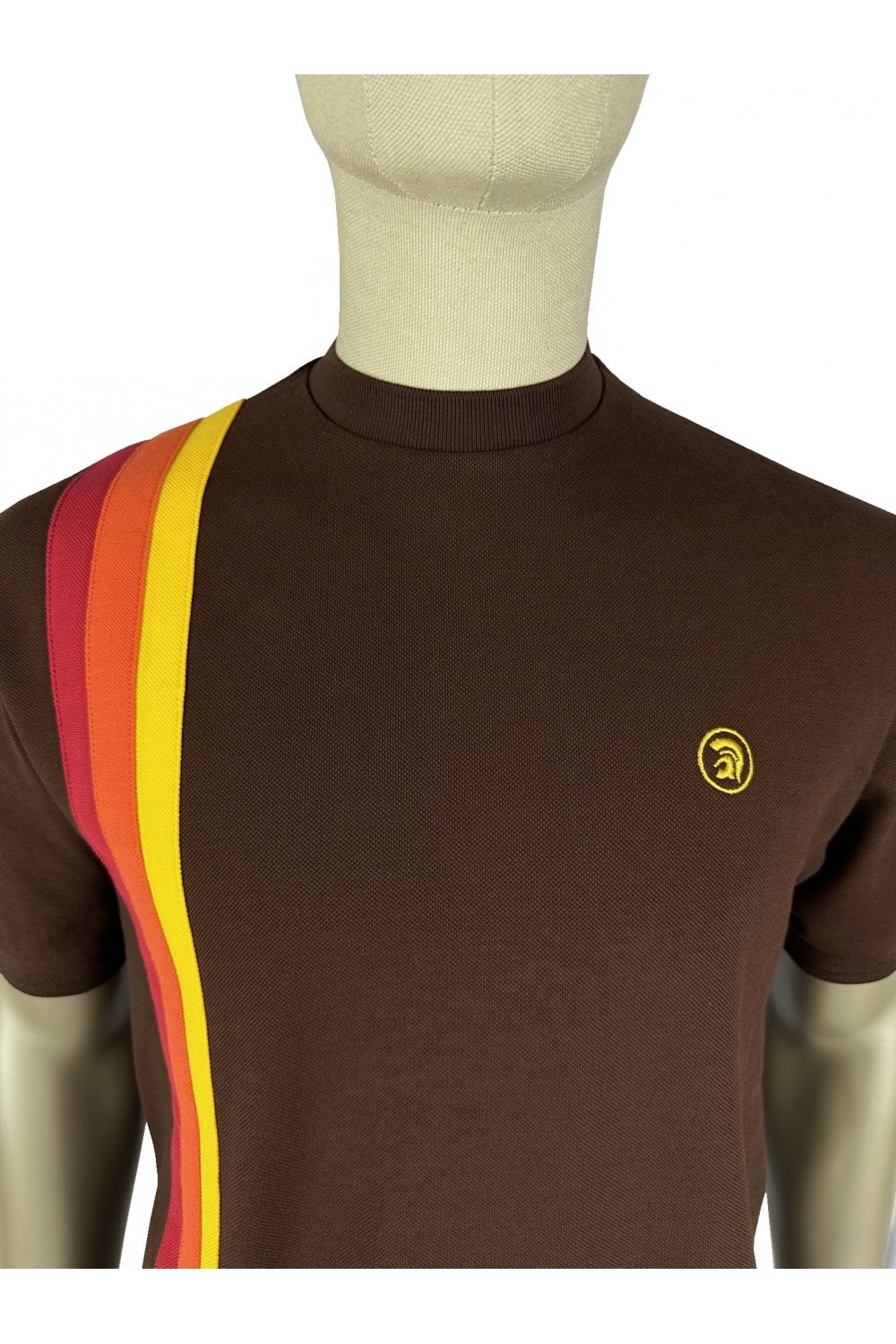 Trojan Records Men's TR8943 SS Racing Stripe T Shirt Chocolate Brown