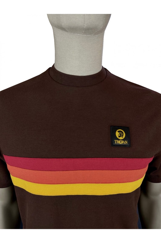 Trojan Records Men's TR8994 Retro Stripe Pique T Shirt Chocolate Brown