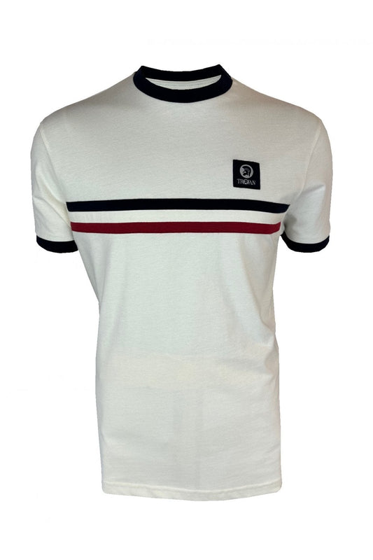 Trojan Records Men's TR9085 Stripe Front Tee Shirt Ecru