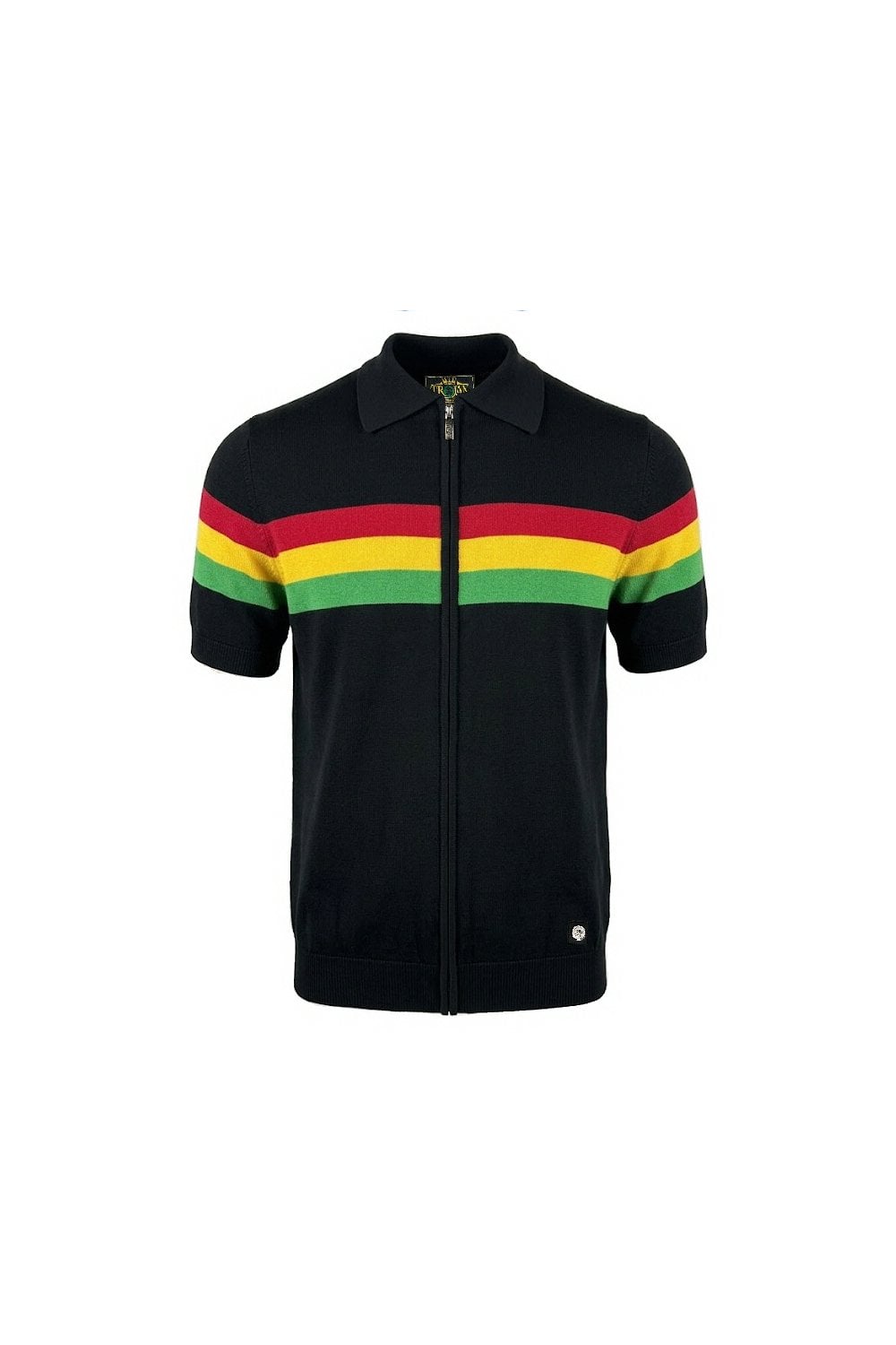 Trojan Records Men's TR9065 Zip Stripe Polo Shirt Top Black