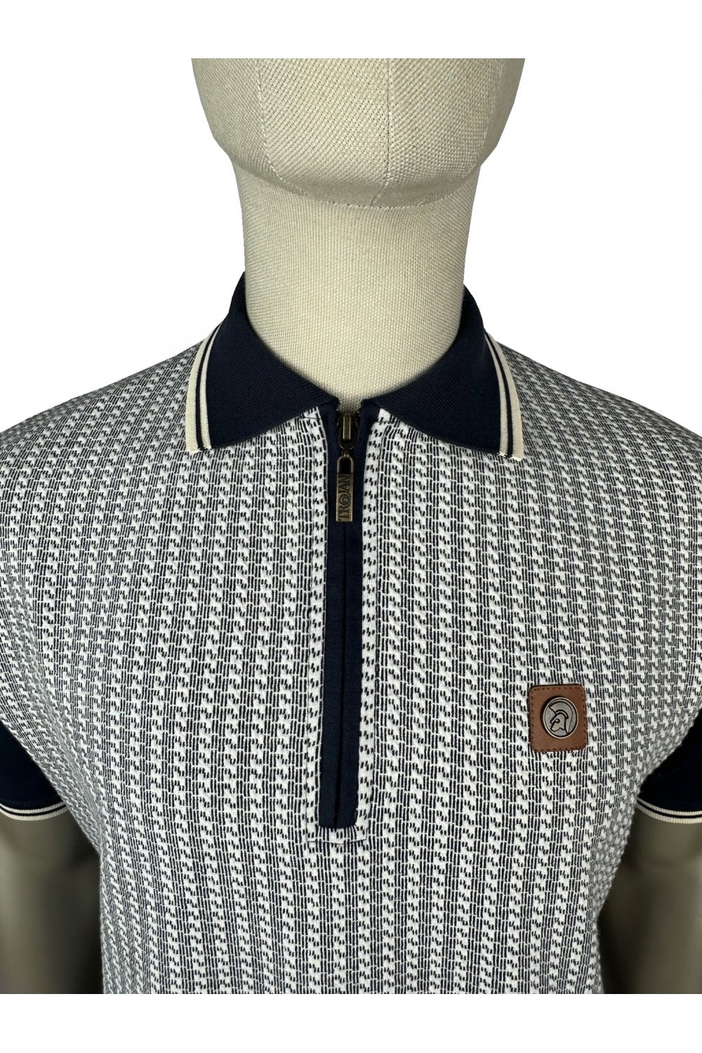 Trojan Records Men's TR8973 Textured Houndstooth Panel Polo Shirt Navy Blue