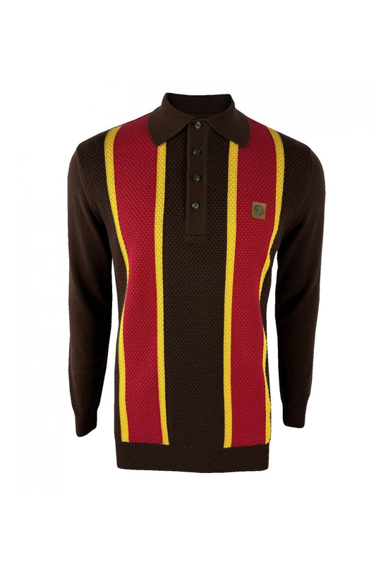 Trojan Records Men's TR8918 LS Textured Stripe Panel Polo Shirt Chocolate Brown