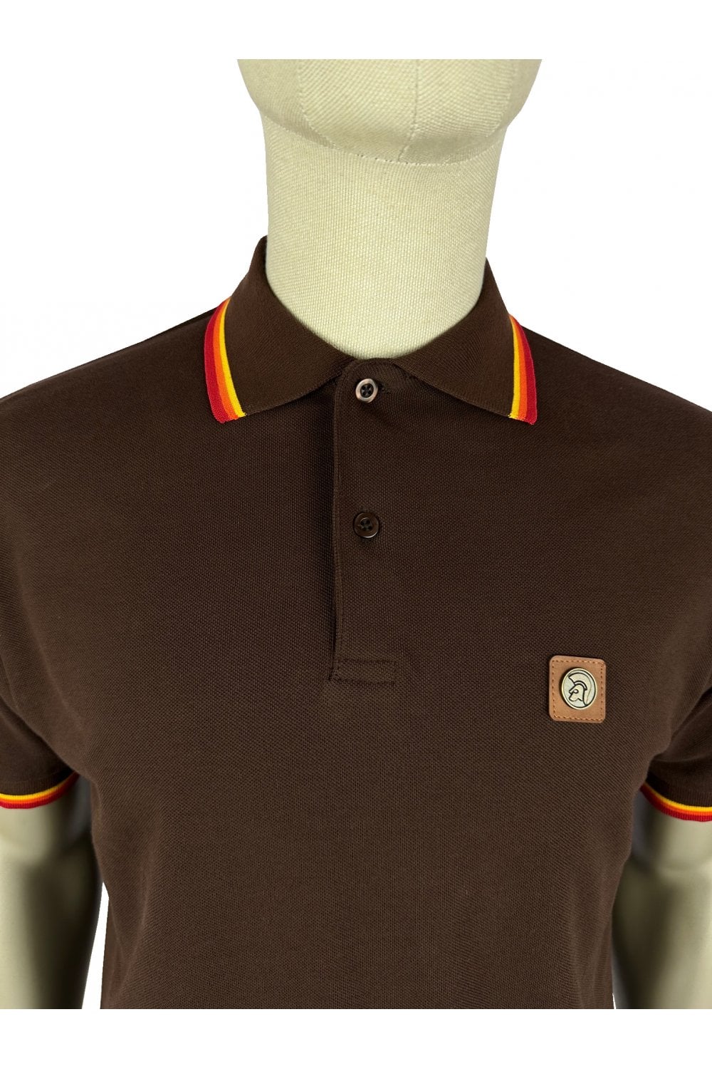 Trojan Records Men's TC1041 Three Colour Tipped Pique Polo Shirt Chocolate Brown