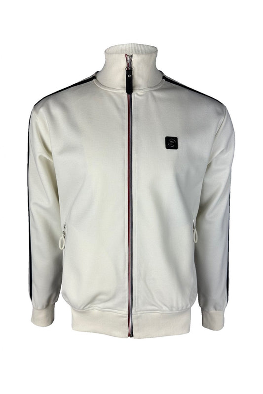 Trojan Records Men's TR9050 Twin-Stripe Contrast Zip Track Top Ecru
