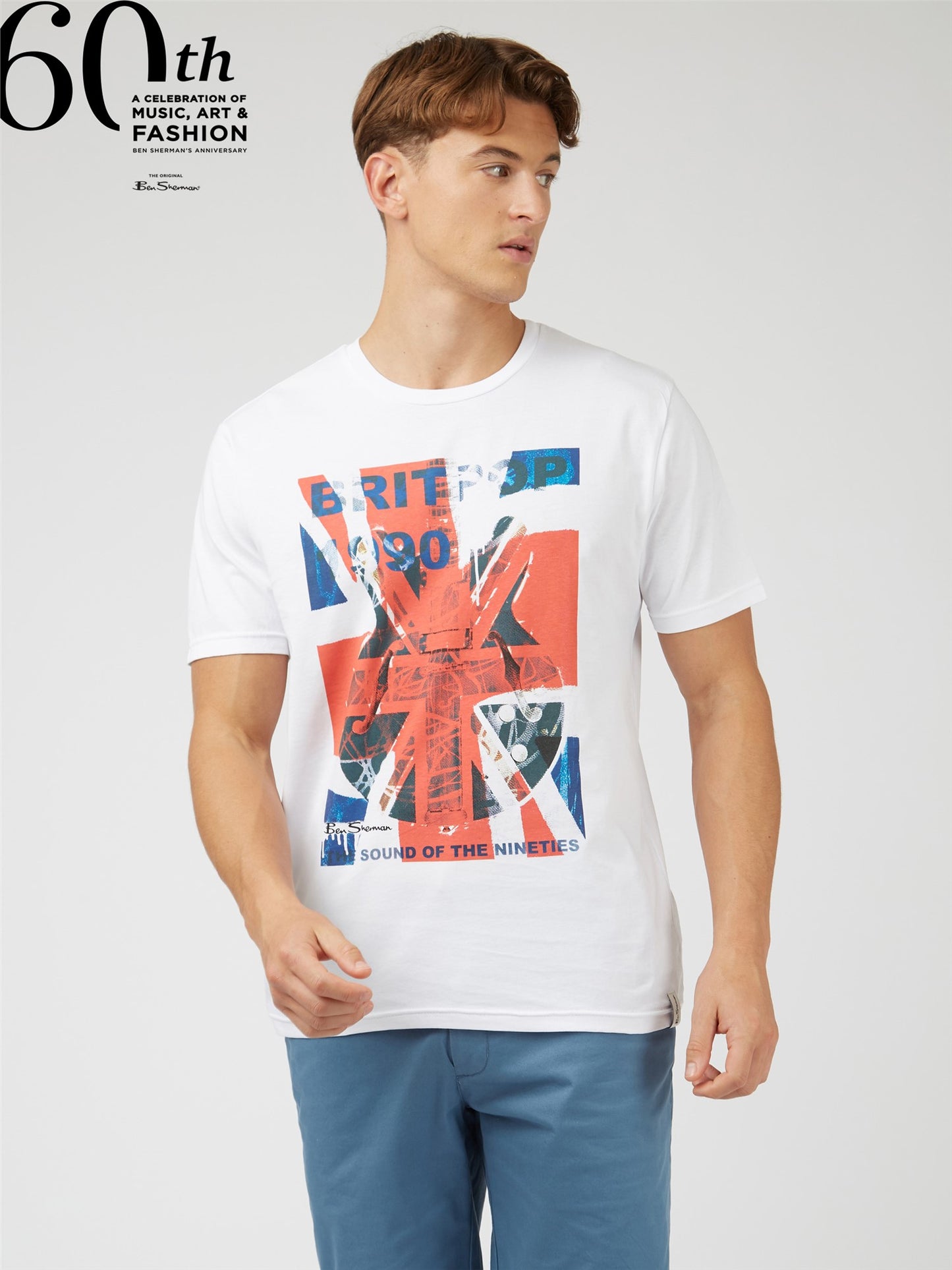 Ben Sherman Men's 0071390 SS 1990s 60th Anniversary T-Shirt White