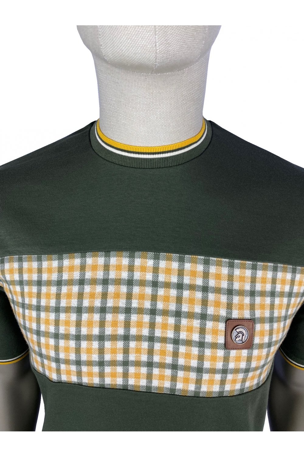 Trojan Records Men's TR8783 Gingham Panel Tee Shirt Army Green